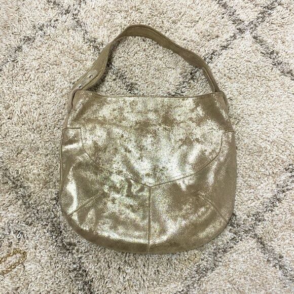 Cofi Genuine Leather Brushed Gold Metallic Hobo Shoulder Bag - Picture 4 of 8